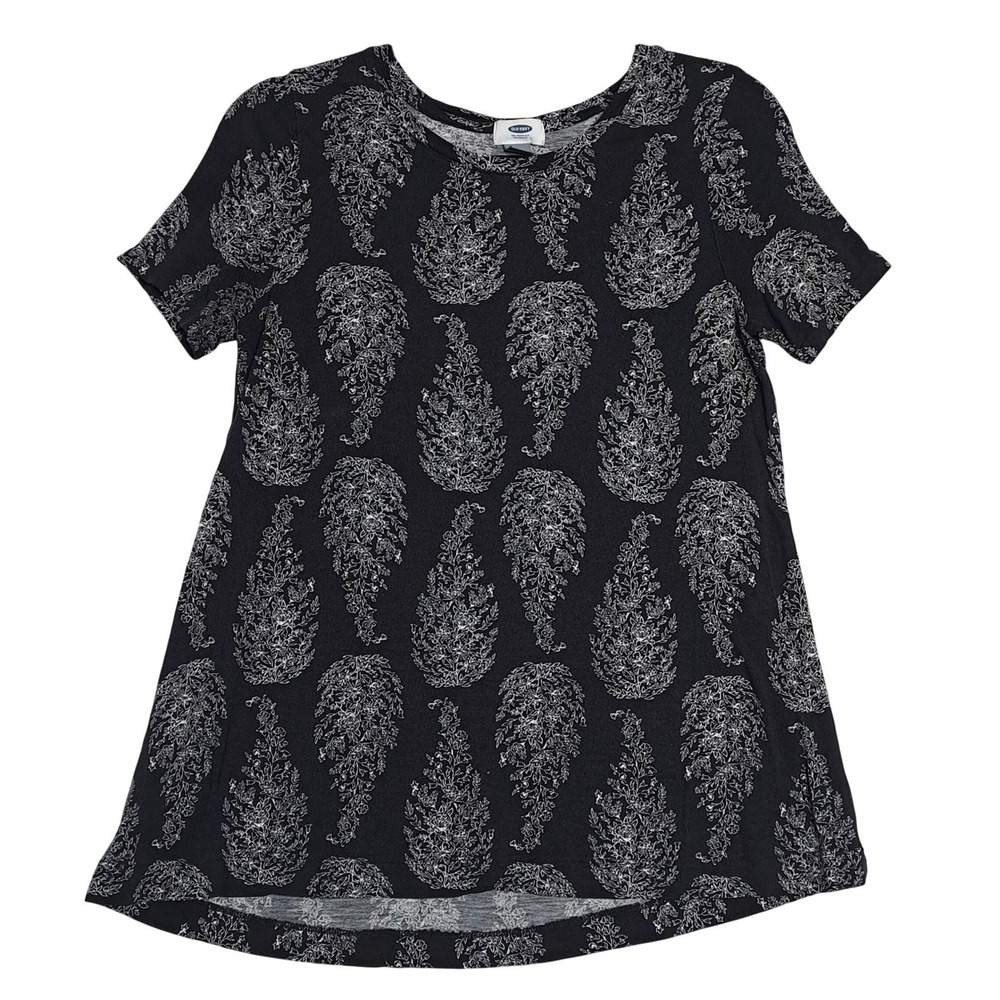Old Navy Black White Paisley Print Top Womens Small Short Sleeve Crew Neck Swing